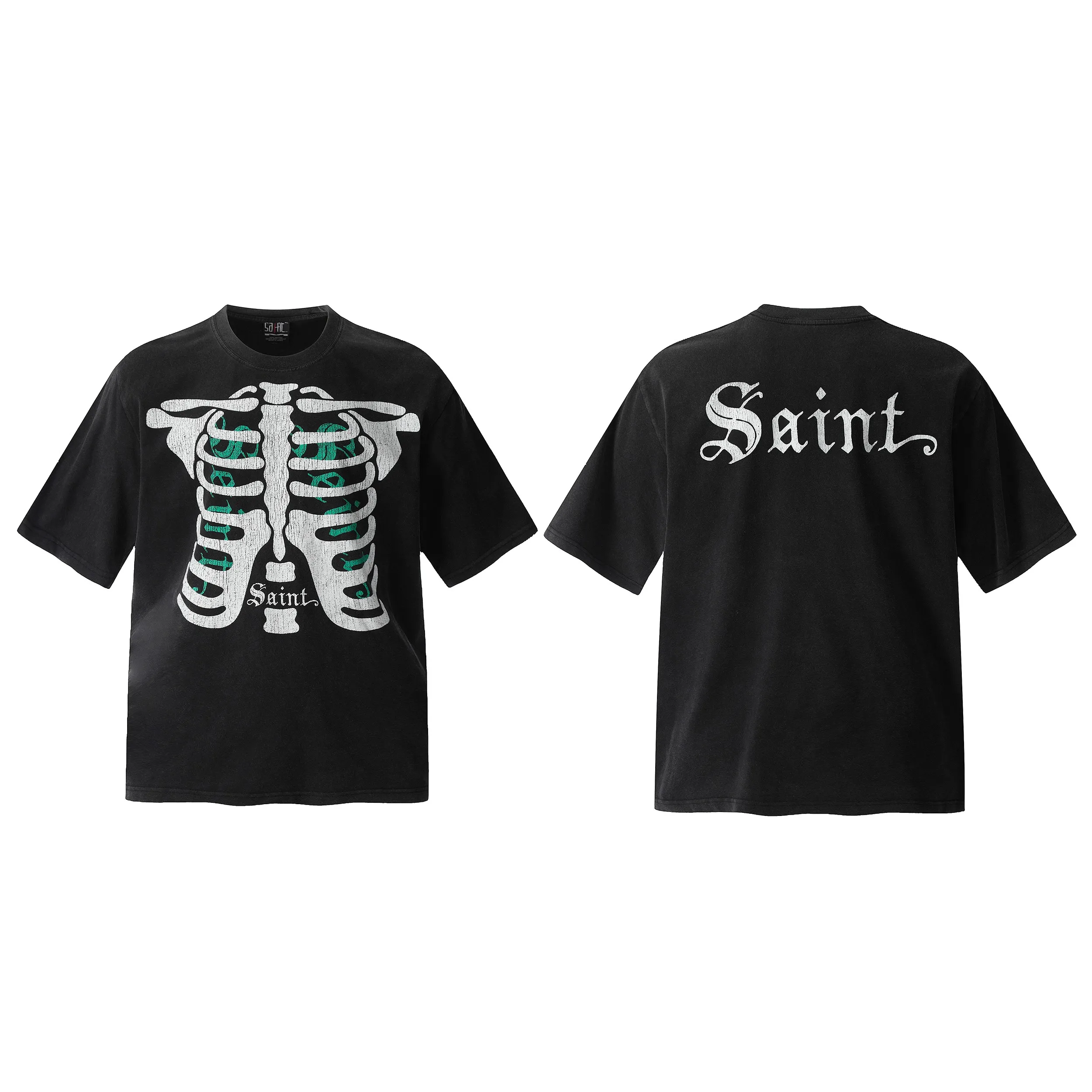 Saint washed vintage skeleton short-sleeved T-shirt Color: washed black Wholesale price: 118 Size: M L XL XXL Style number: 2146